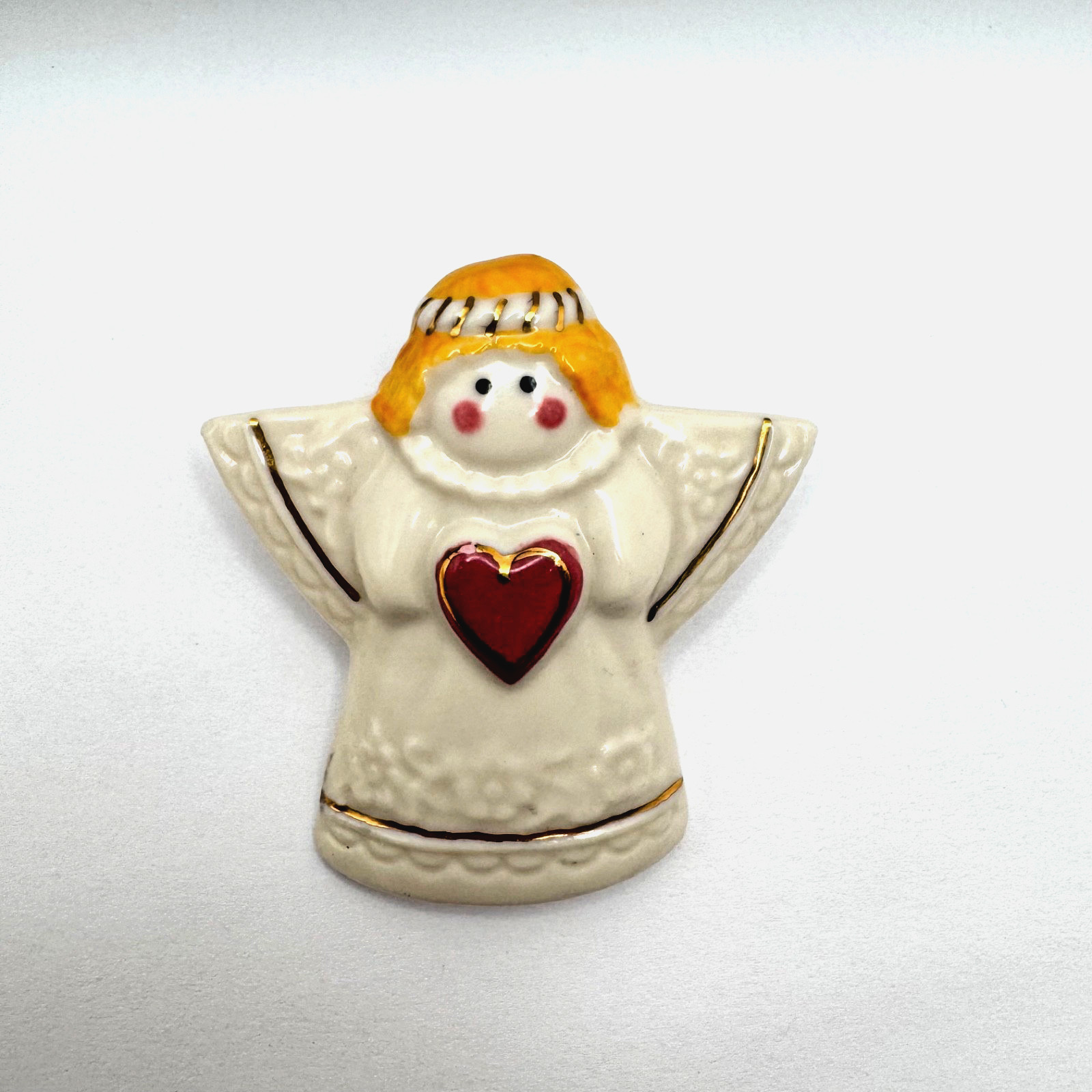 1996 Hearts & Flowers Red Hair Angel Brooch Pin Ceramic Red Heart Gold Accent
