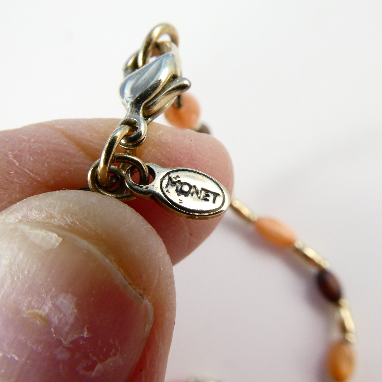 Pretty MONET Fancy Beaded Pendant Necklace Gold Tone 30″ Peach Brown Colors