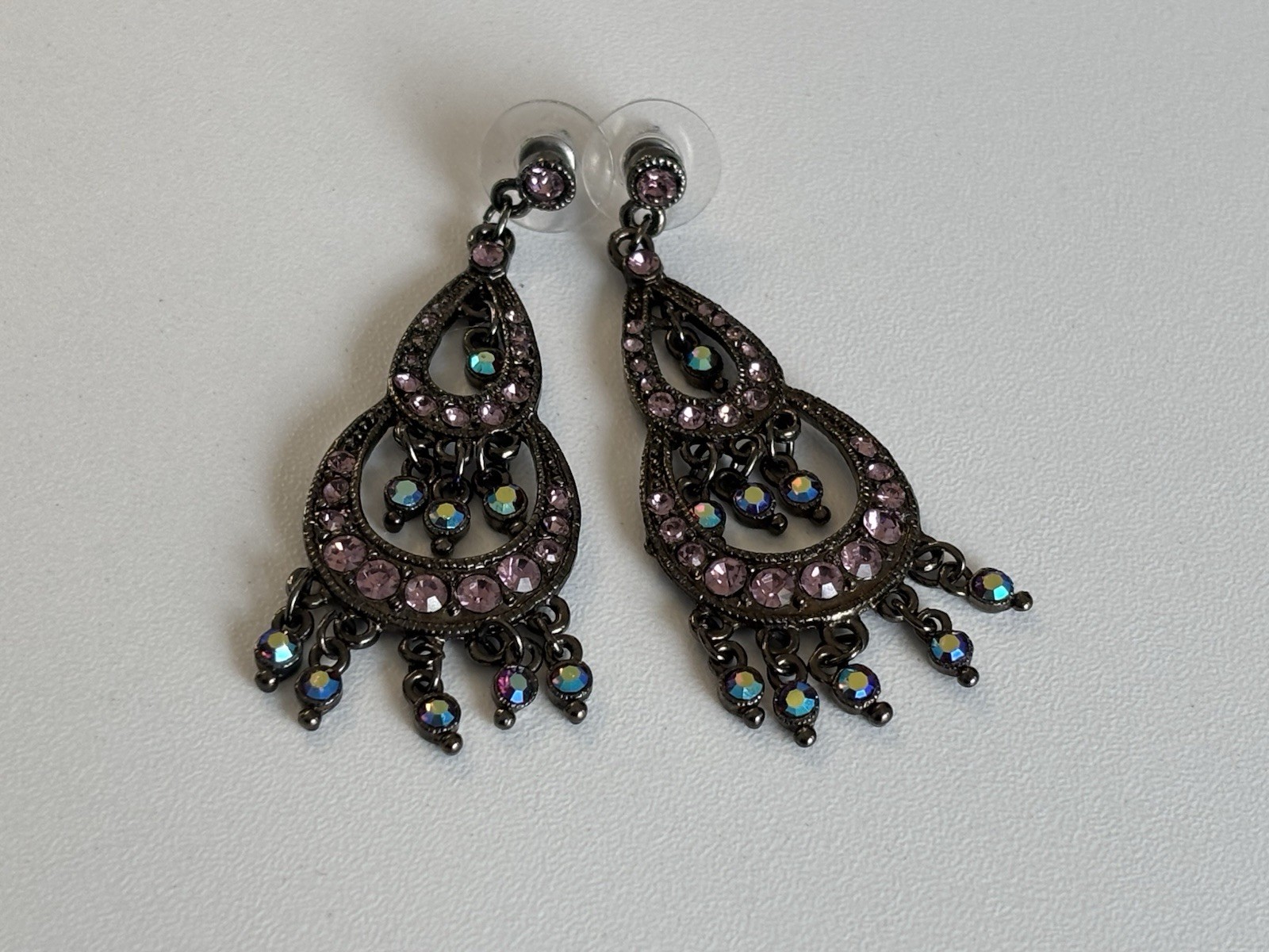 Vintage Gunmetal Pink Rhinestone Chandelier Earrings Aurora Borealis Drop Post