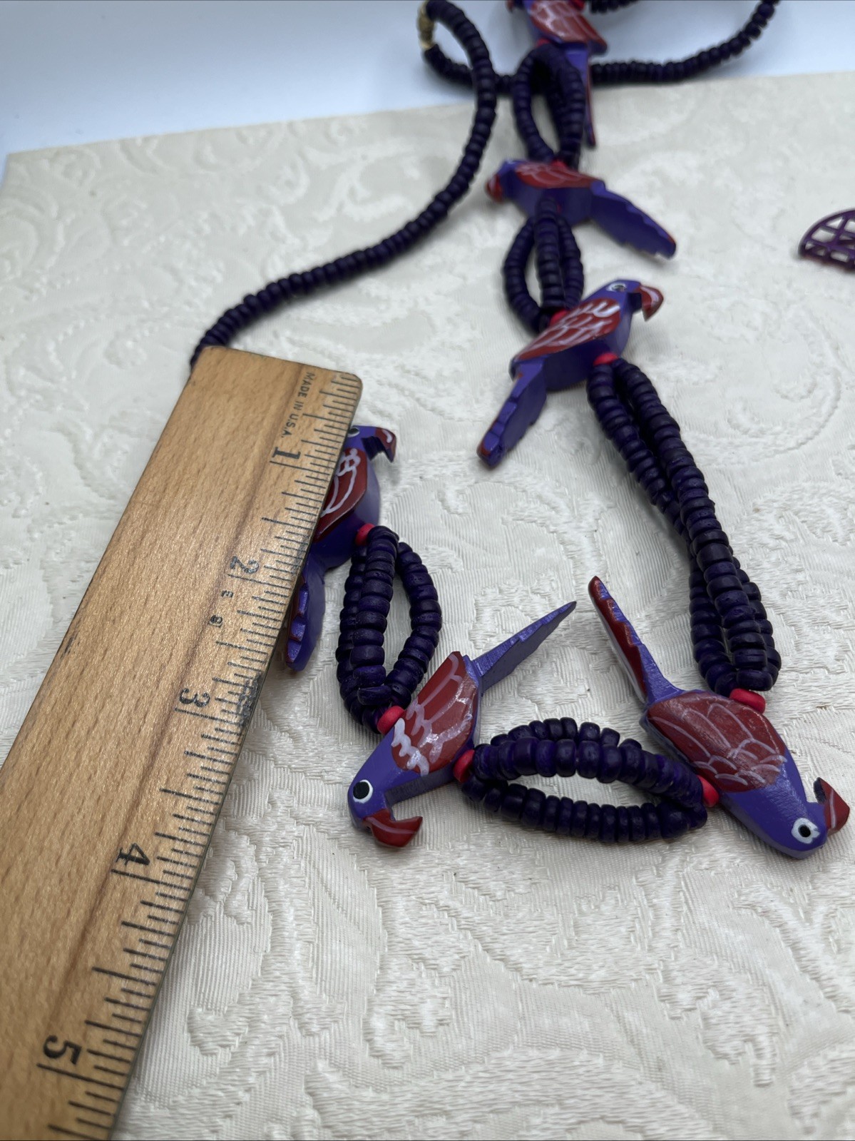 Tropical Tiki Parrot Necklace Wooden Carved Beads Colorful Birds Purple Earrings