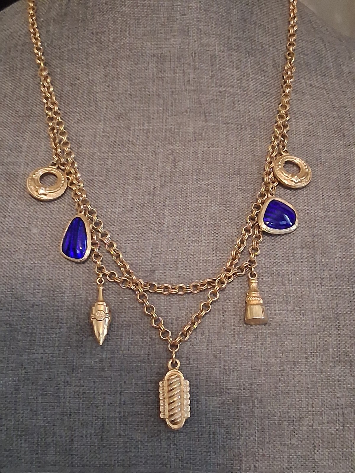 Cobalt blue poured glass dangle drop charm double strand necklace, vintage, 24″