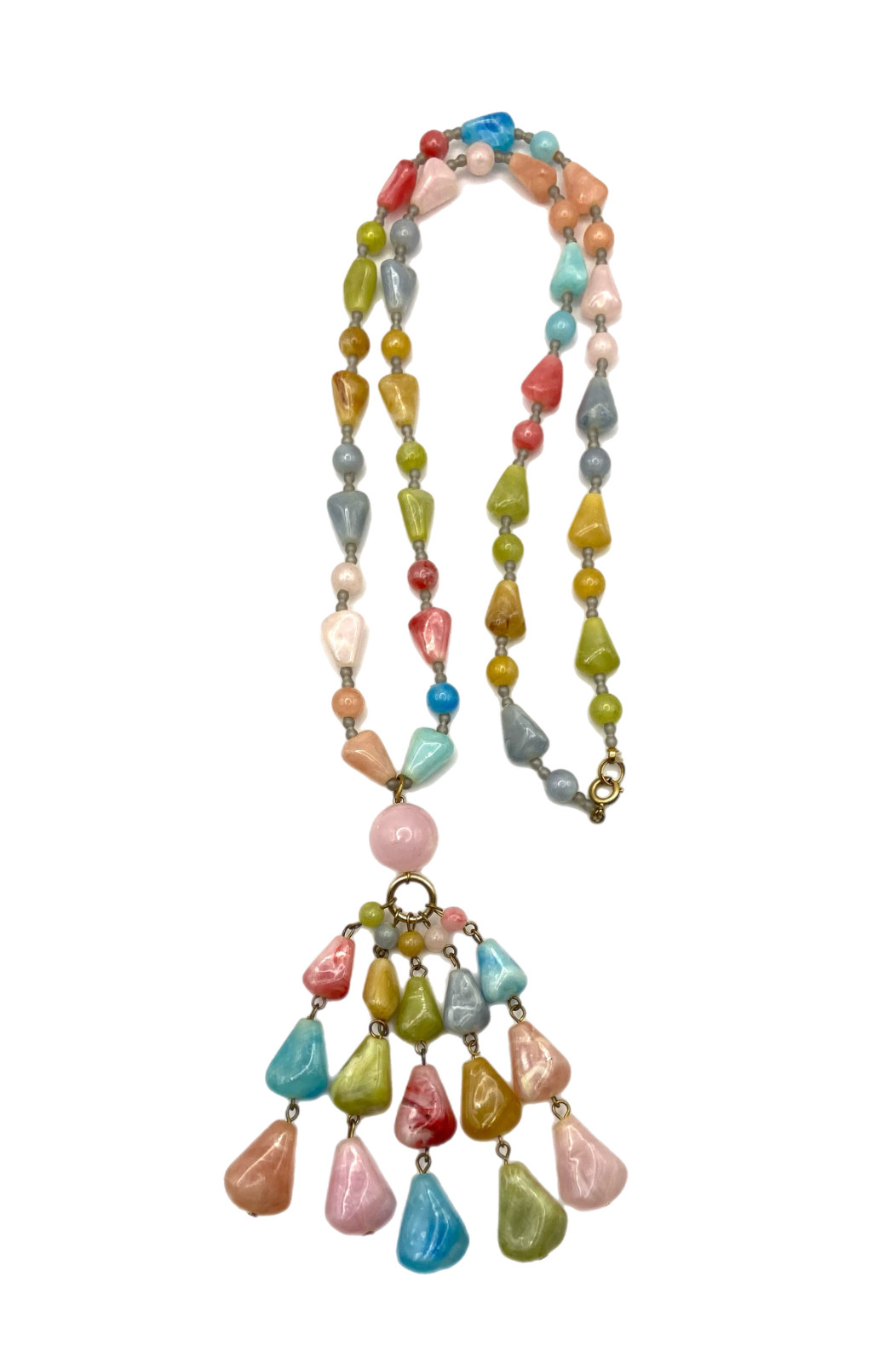Vintage Chunky Pastel Multi-Color Beaded Tassel Pendant Necklace Plastic 30″