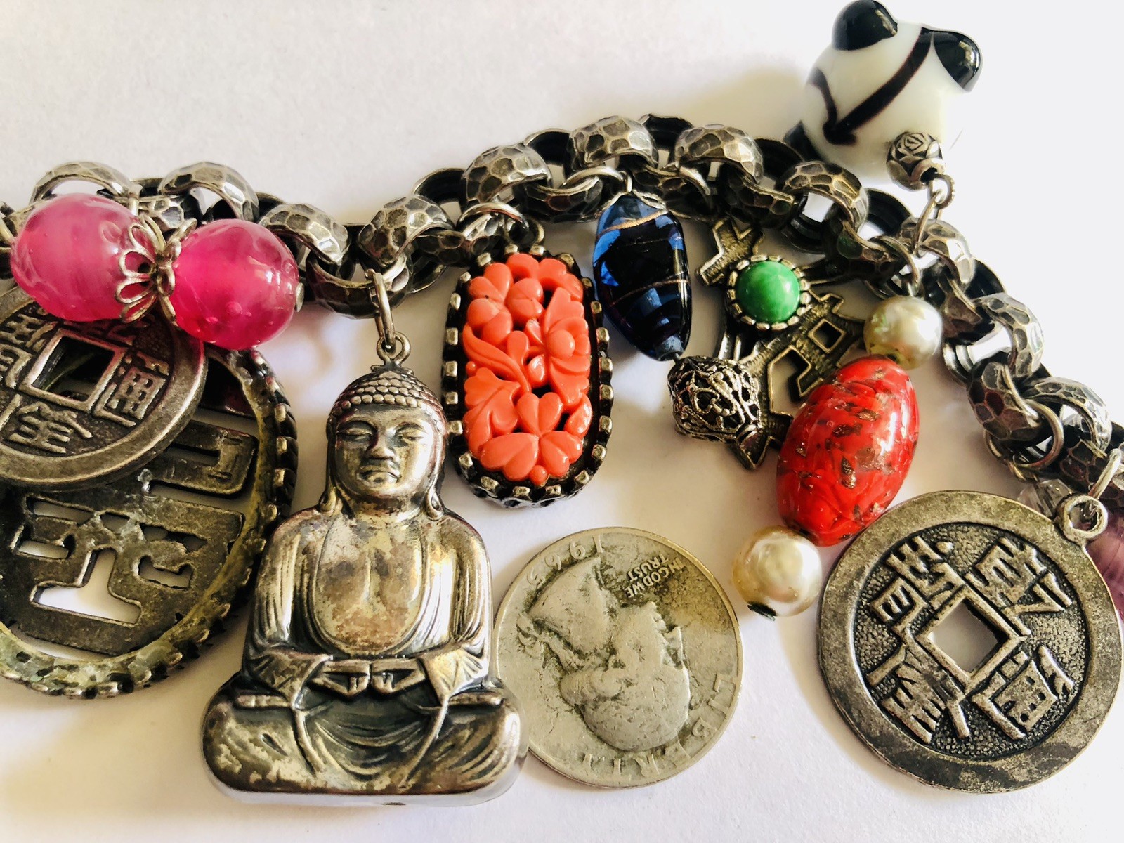 VTG Germany Bracelet, Asian Theme, Murano&plastic, Beautiful Silver Tone, Heavy.