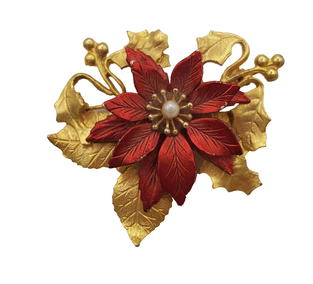 Vintage Mistletoe Flower Gold/ Red Brooch Pin
