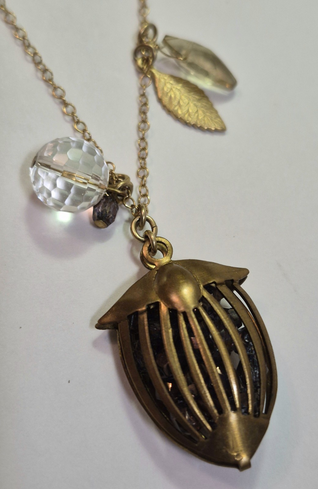 David Aubrey Pendant Necklace Glass Gold Tone Vintage Style Birdcage Dainty