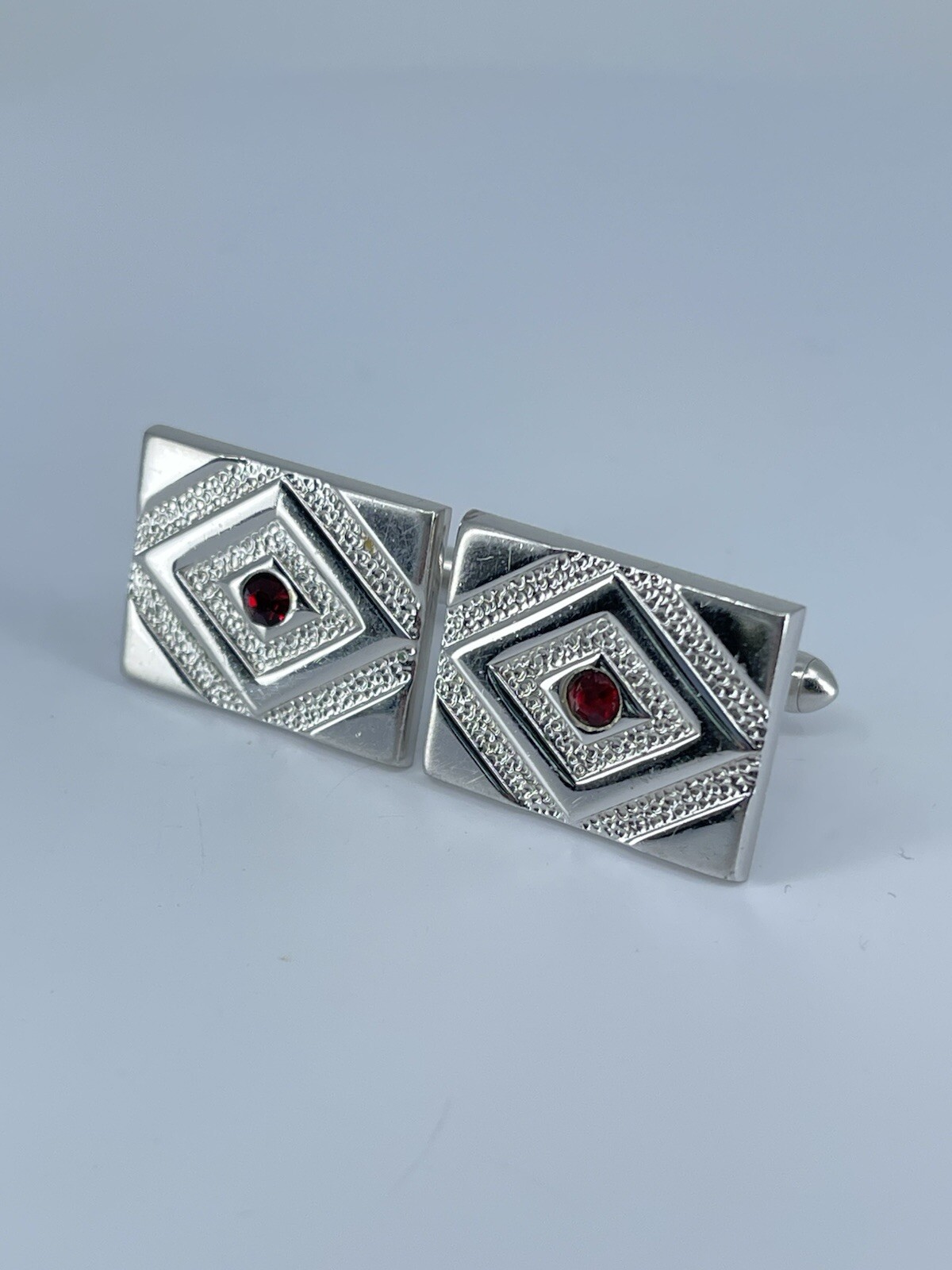 Swank rectangle cufflinks red rhinestone brushed polished silver tone