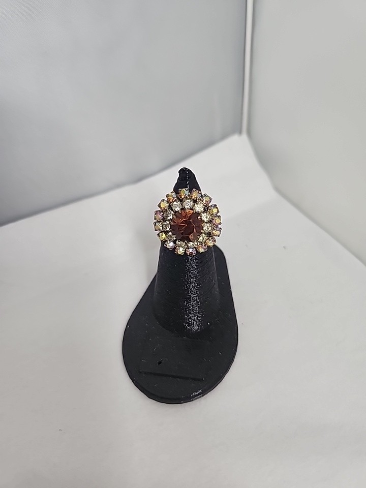Vintage Topaz Clear Aurora Borelis Rhinestone Cocktail Adjustable Ring