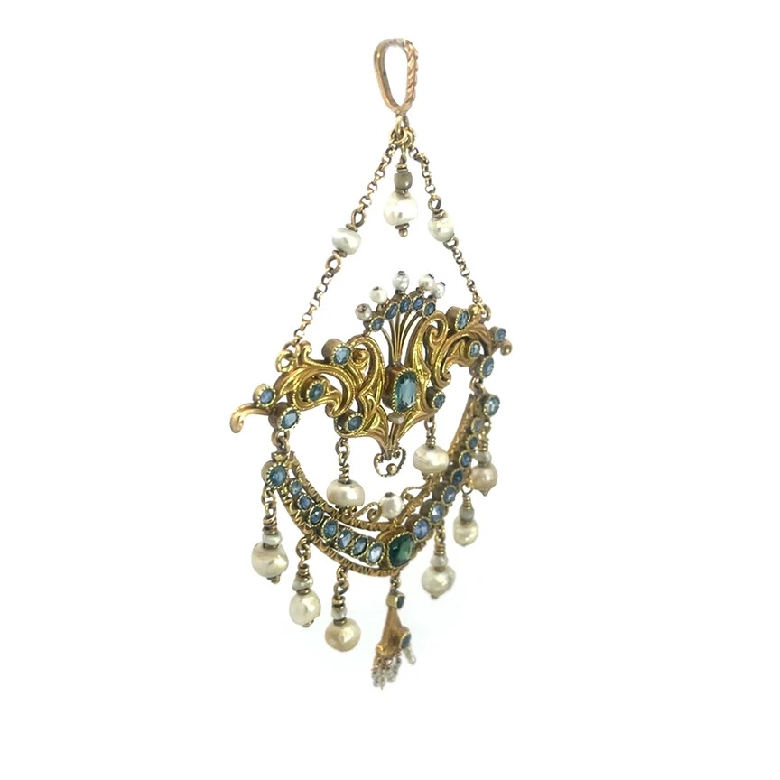 Victorian Gold & Gems Pendant 18k 17k Yellow Large Lavalier Style