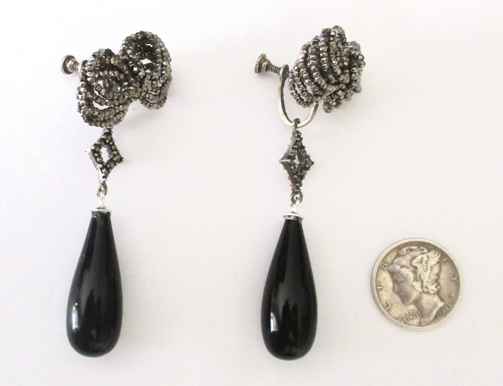 Pair of Antique 2 1/2-Inch Cut Steel & Black Glass Screw Back Earrings