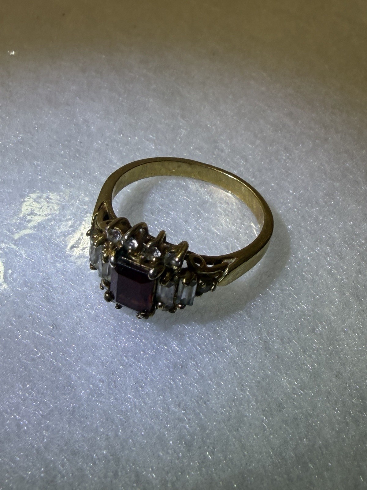 Vintage Ruby Red Stone & CZ Accent Ring Size 8.75-9 Gold Tone