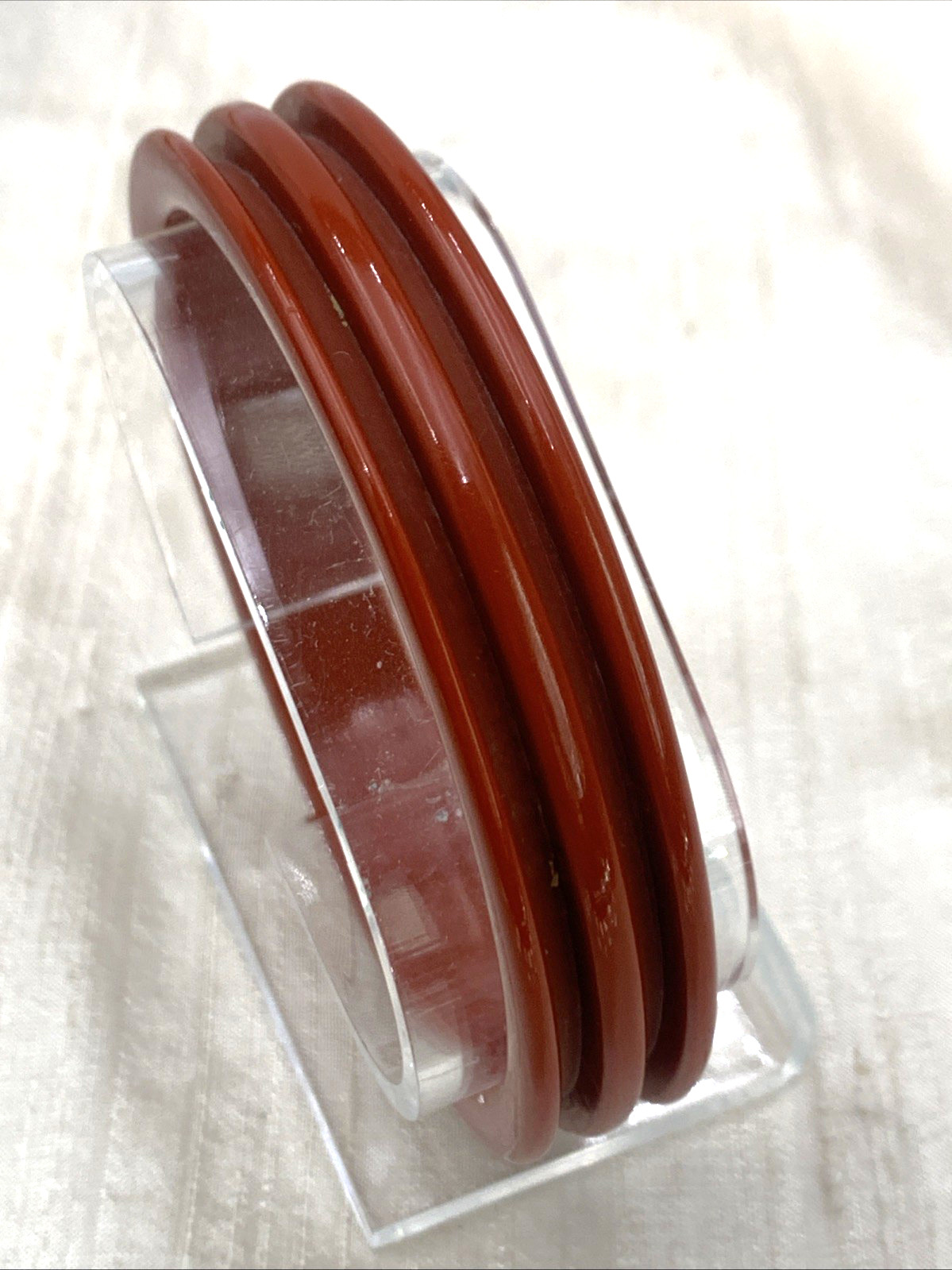 VTG Bangle Bracelet Lucite Plastic Ribbed Burnt Orange Rust Bold 8″ Inside Circ.