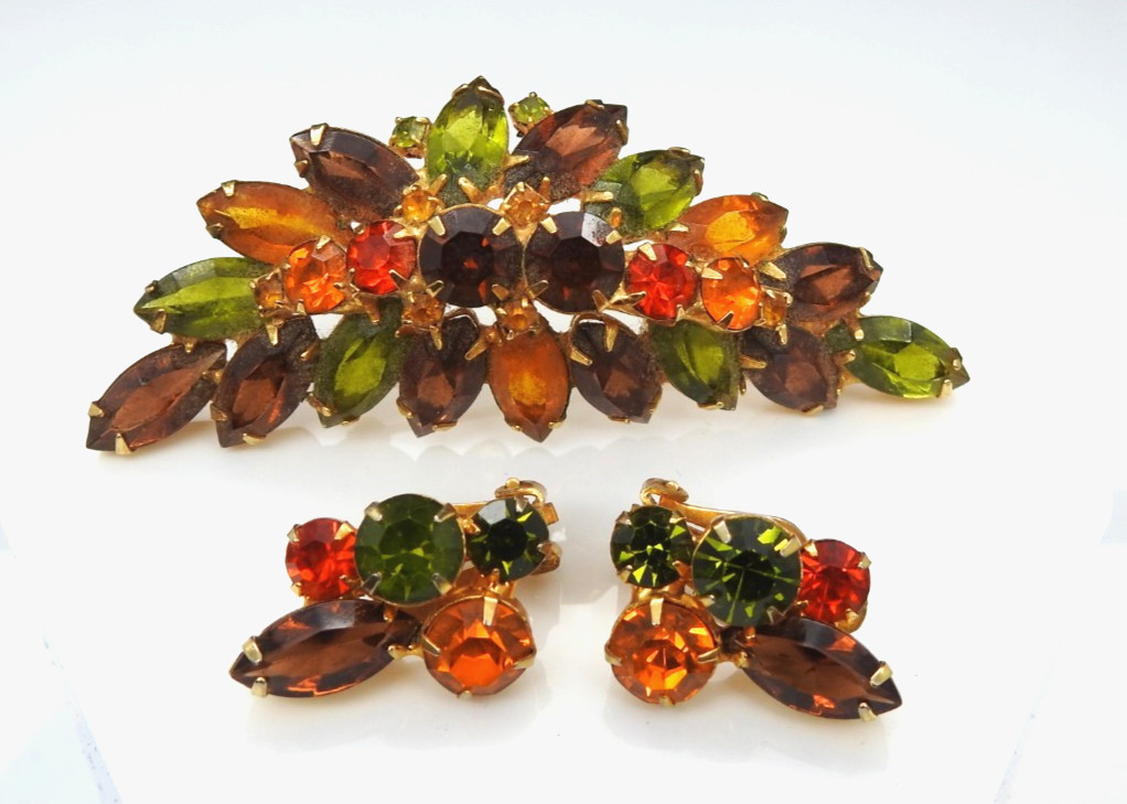 Juliana Rhinestone Brooch Clip Earrings Set Fall Colors Demi Parure Vintage