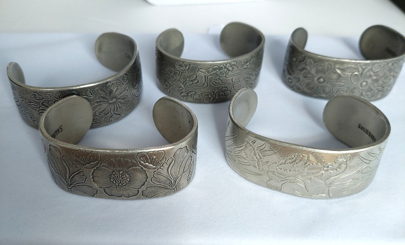 5 Vintage Pewter Birth Month by Flower Cuff Bracelets, Salisbury Pewter