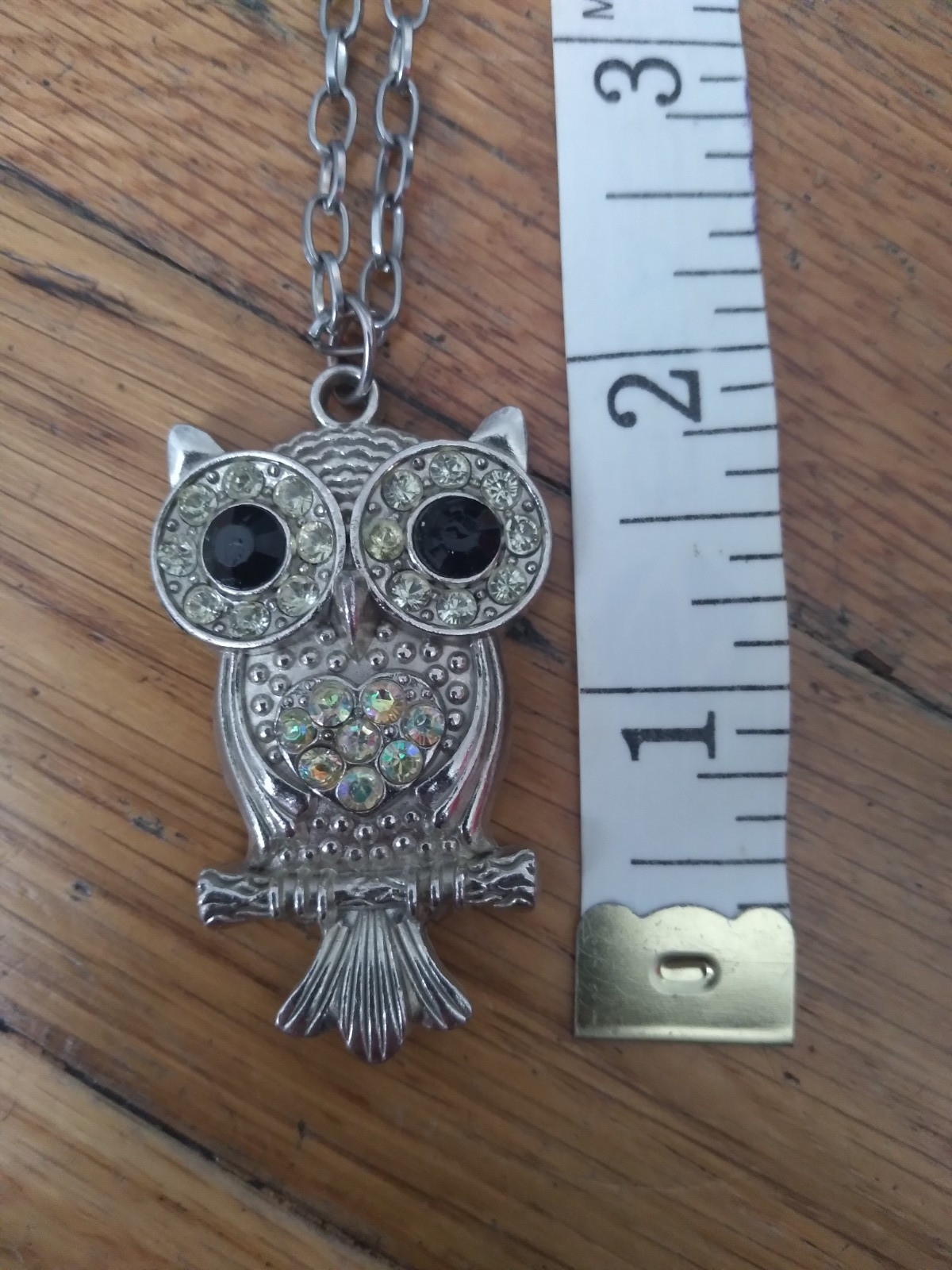Owl Pendant Necklace Silver Tone Rhinestones 26 Inches Vintage