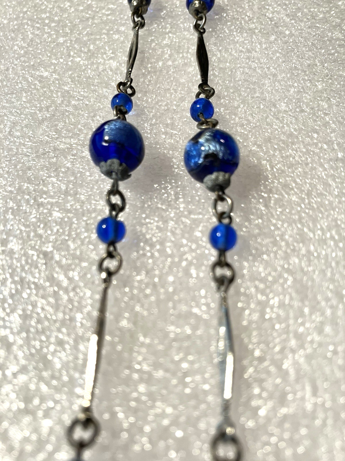 Vtg ART DECO CZECH blue foil GLASS drop pendant NECKLACE 3 “torpedo beads”
