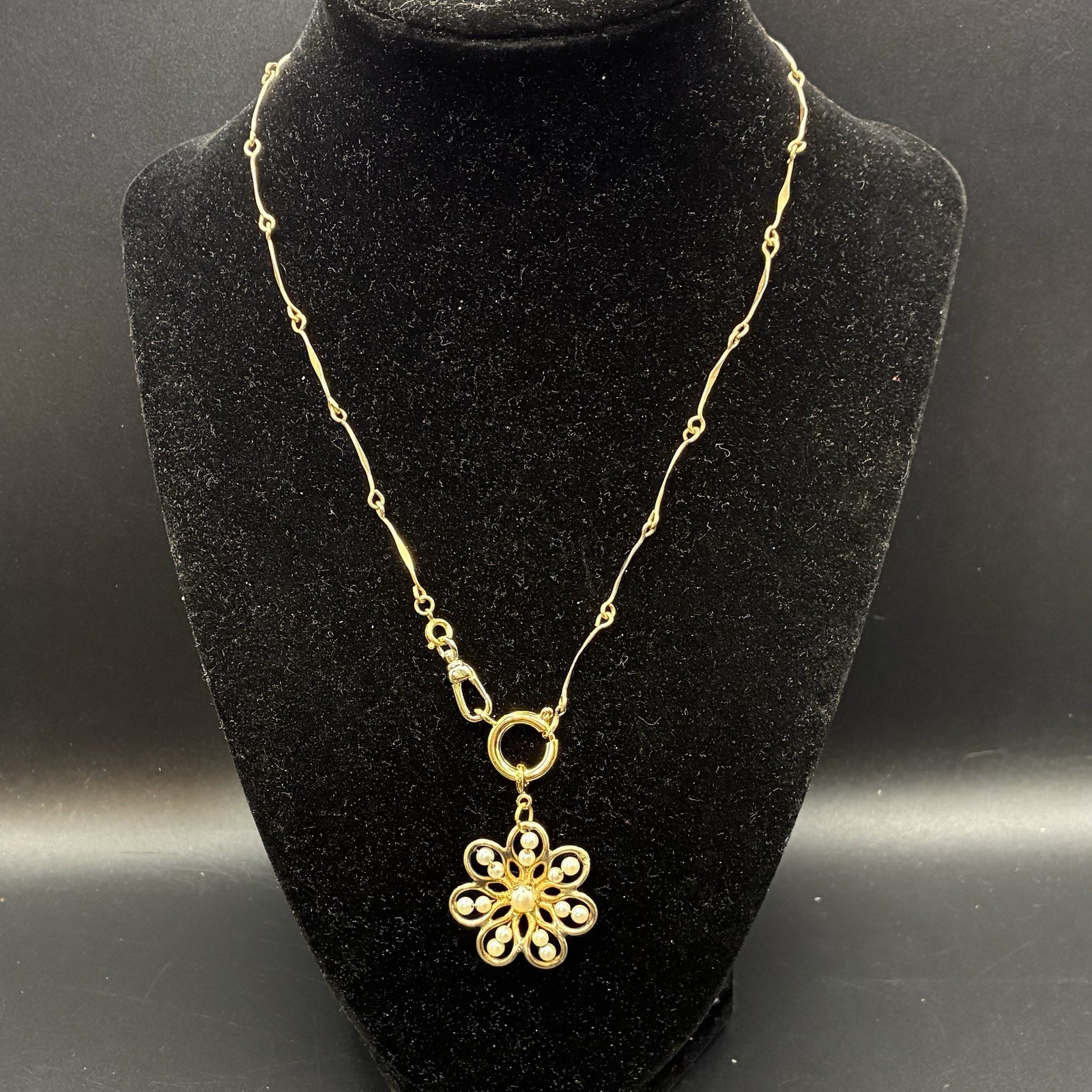 Vintage 12k Gold Filled Pocket Watch Chain FOB, Dog Clip, Cross & Pearl Charms