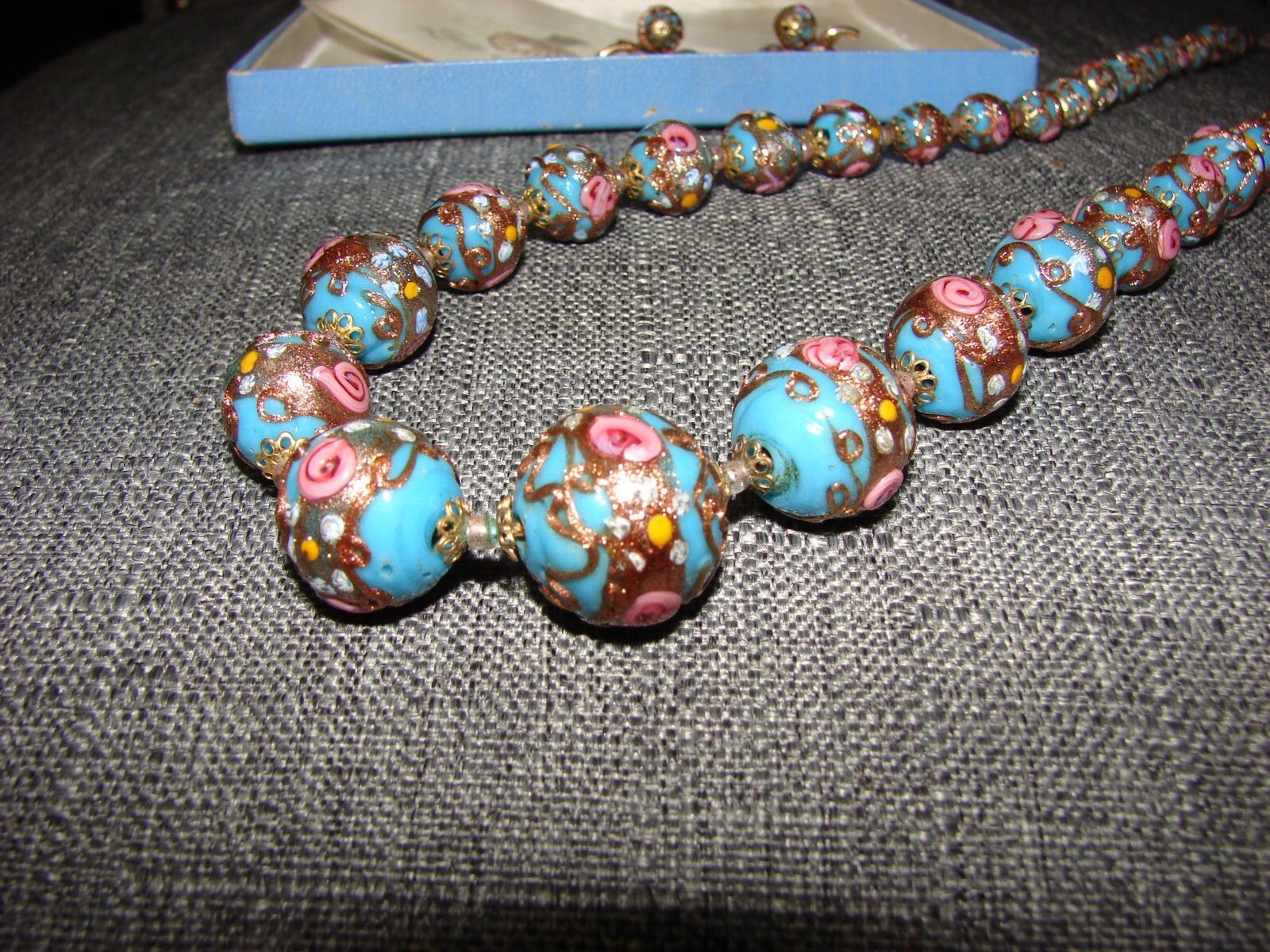 Vintage Venetian Murano Pink Blue Wedding Cake Beads Necklace and Clip Earrings