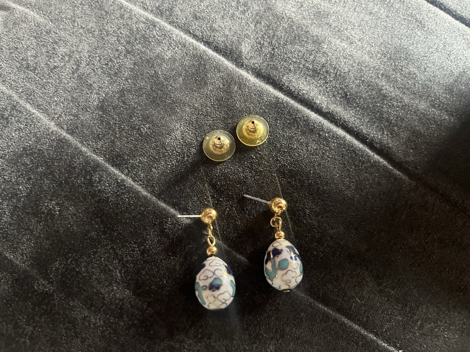 Vintage Cloisonne White Blue Floral Egg Dangle Clip On Earrings Cottagecore