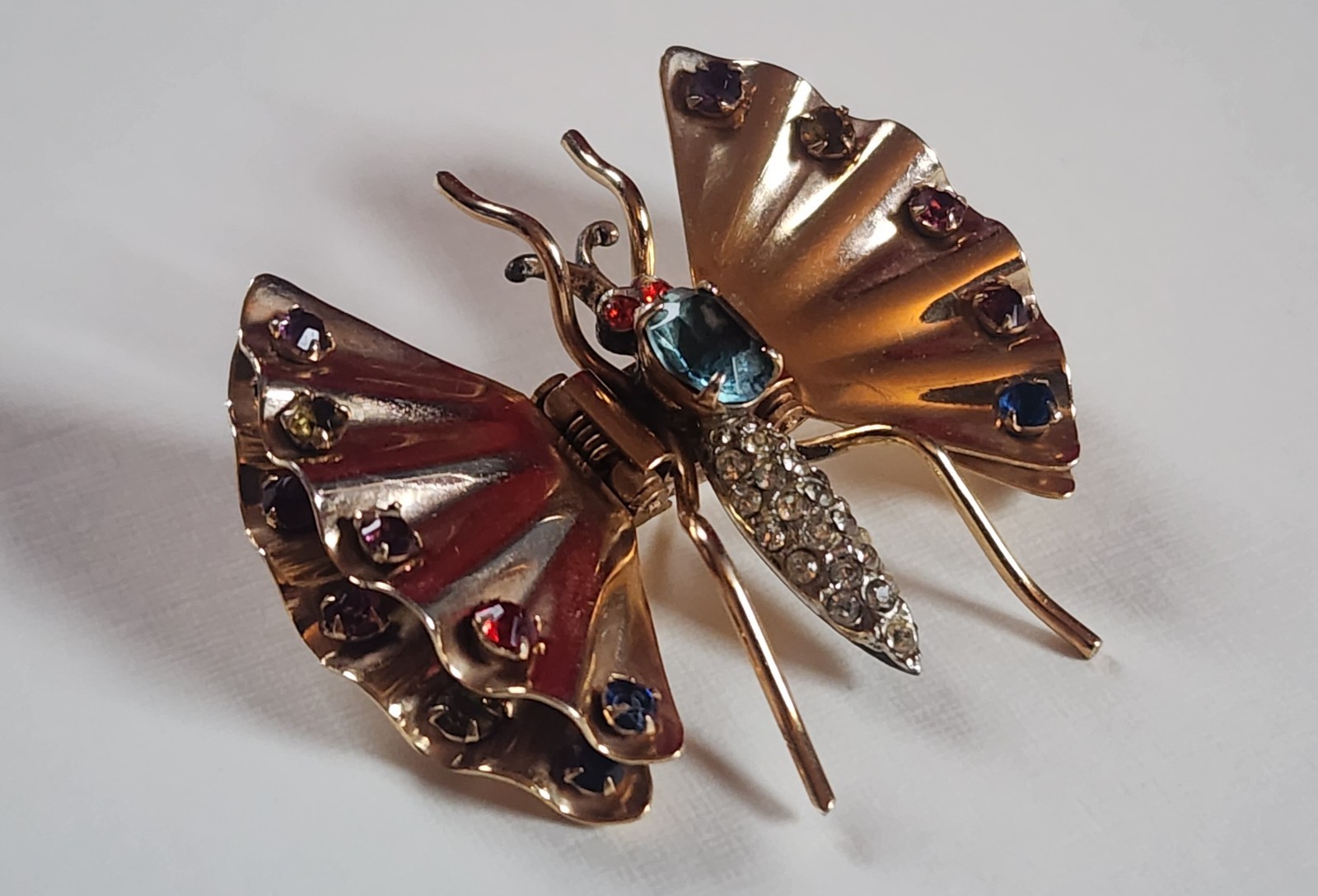 Rare Antique Charles Reis 12k Gold Filled Butterfly With Rhinestones Pin Brooch