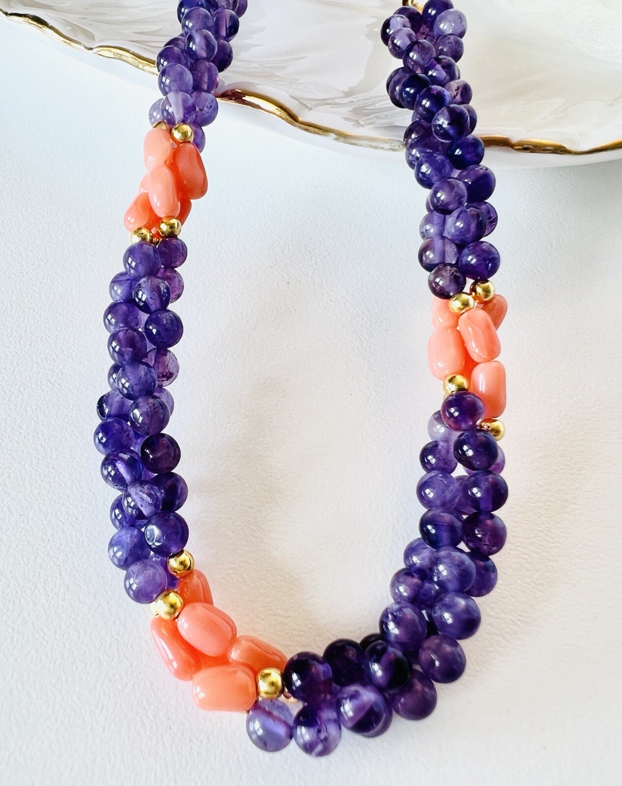 Vintage Beautiful Genuine Salmon Coral & Amethyst Woven Rope Necklace 18 inches