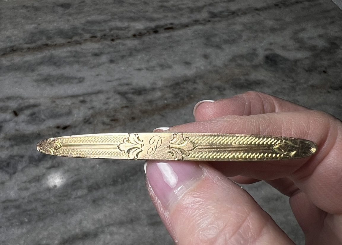 Antique Foster & Bailey Victorian Gold Plated Brooch, Etched, Letter “P”
