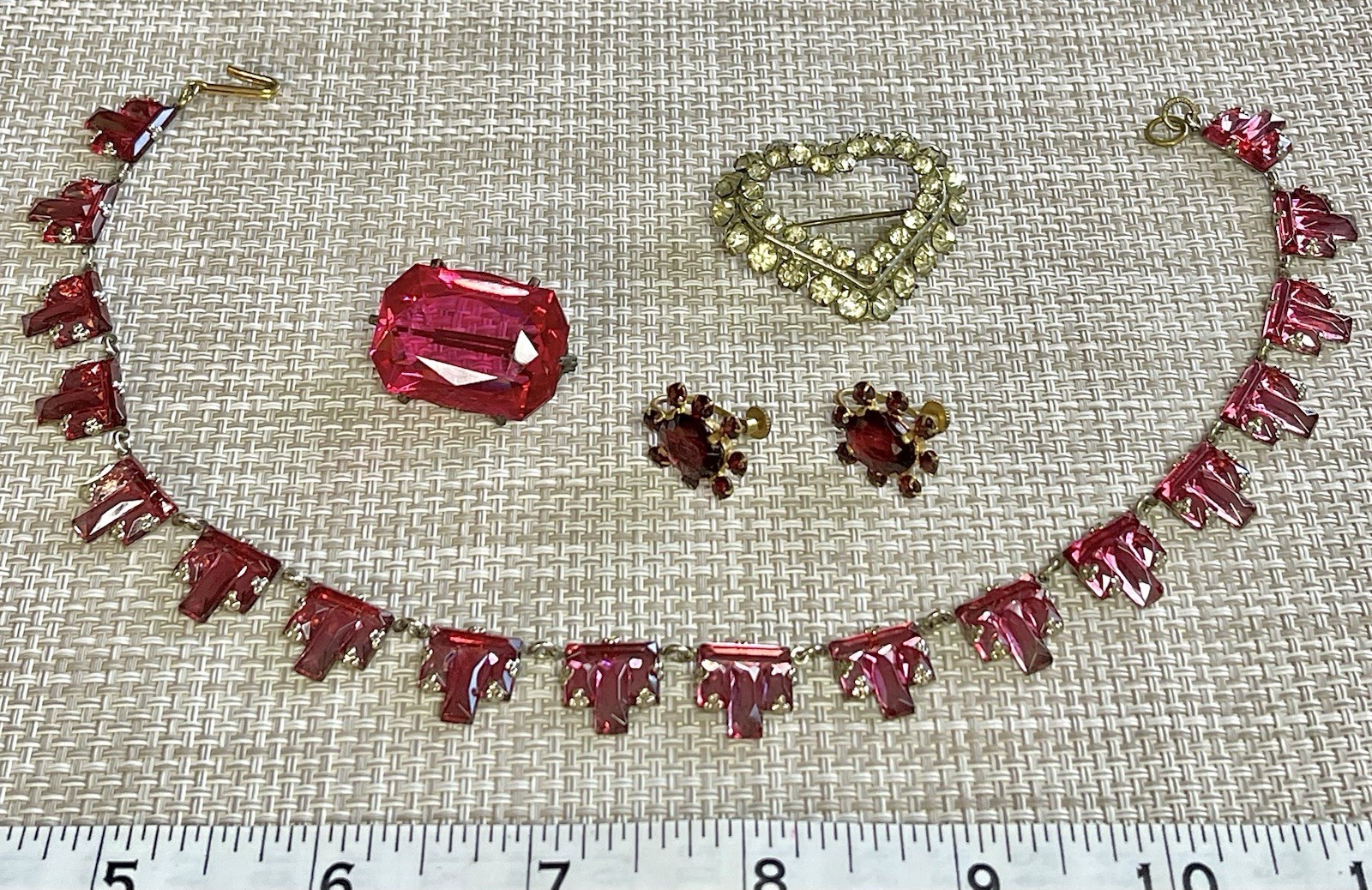 Antique Art Deco Czech PINK Vauxhall Foiled Glass Necklace Brooch Earrings Lot