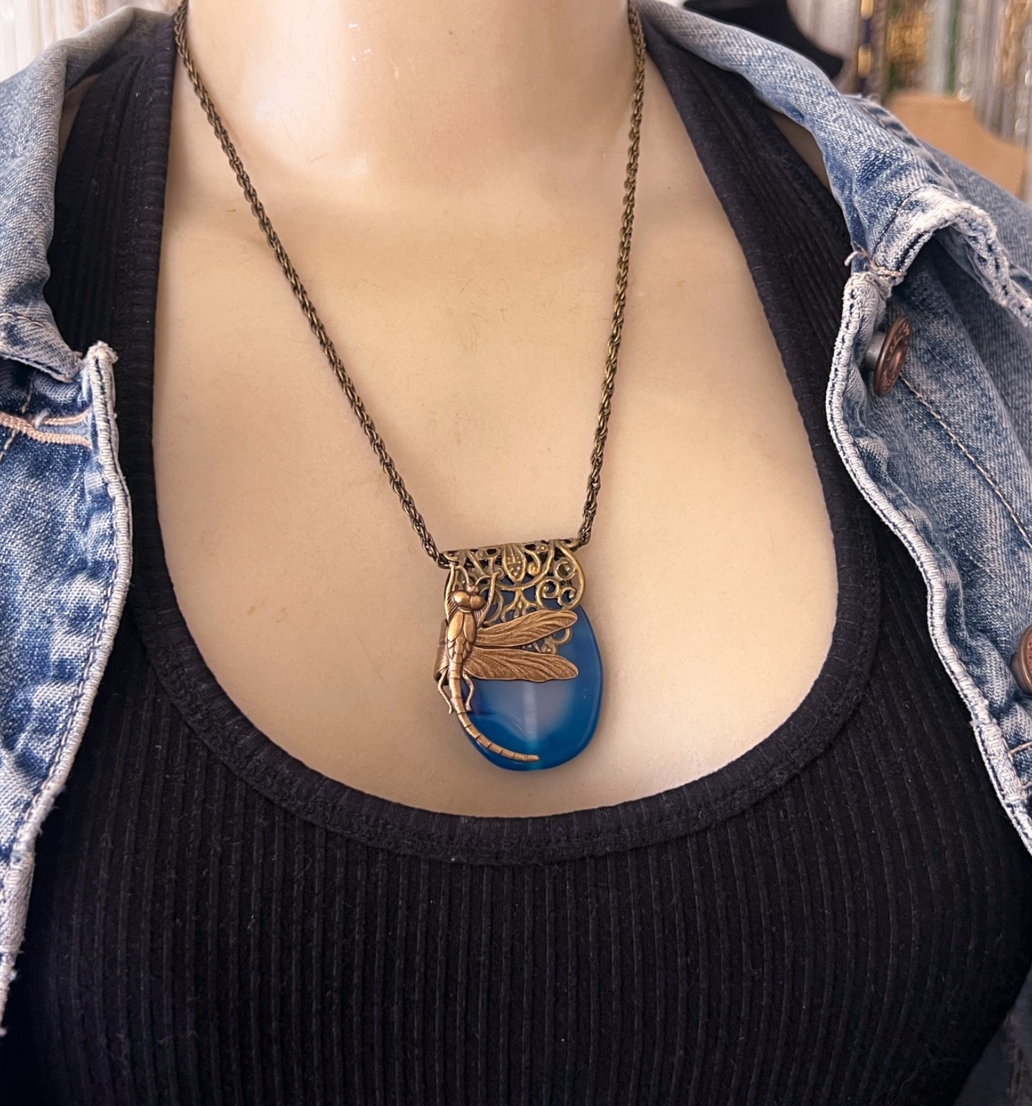 Dragonfly Necklace Art Nouveau Brass Damselfy Wrapped Blue Agate Pendant