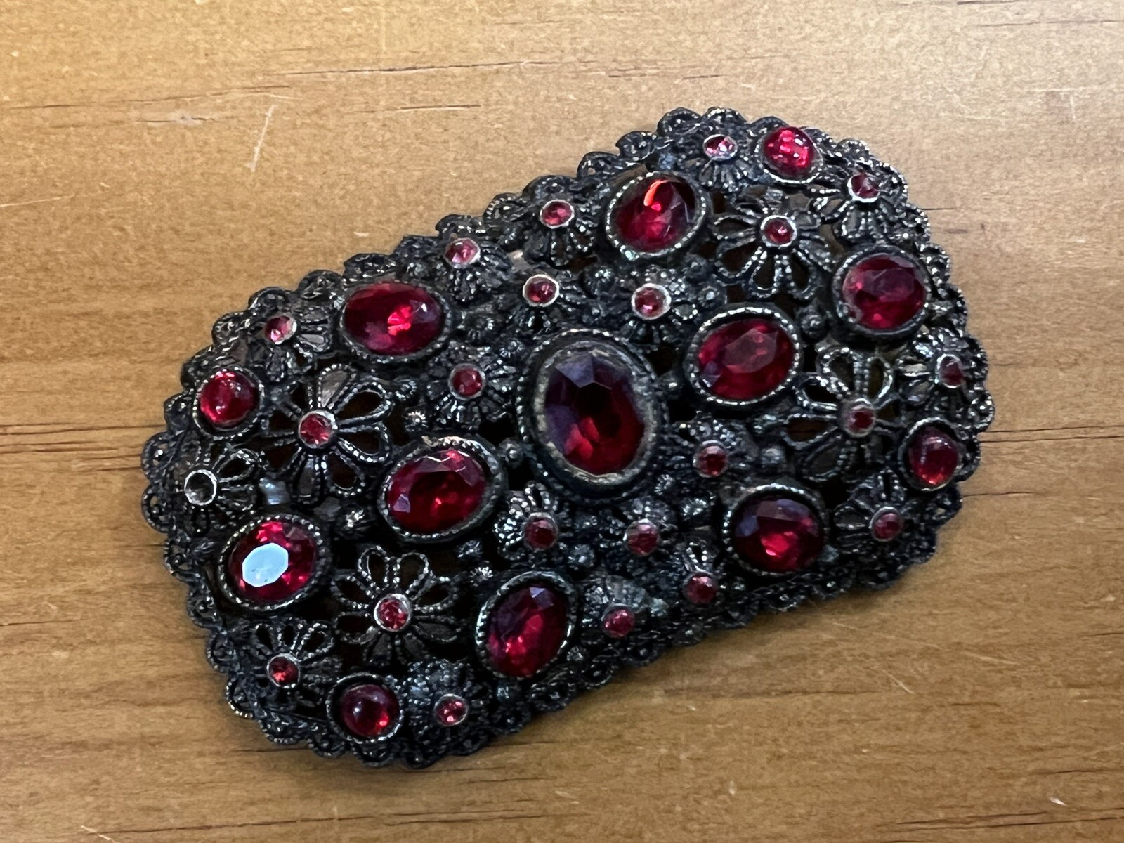 Vintage Signed NE New England Glass Works Rectangular Brooch Red Stone Floral