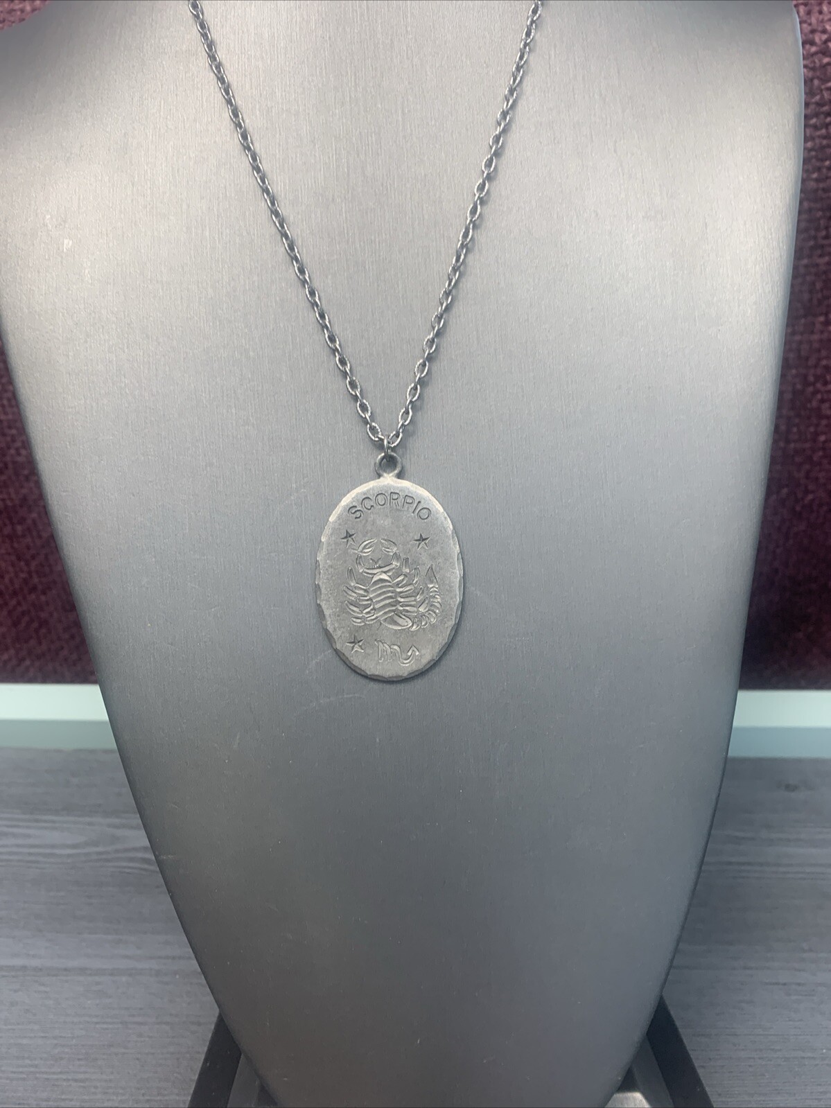 Vintage Pewter BDA Zodiac astrology Oval Scorpio Engraved Pendant Necklace 20”