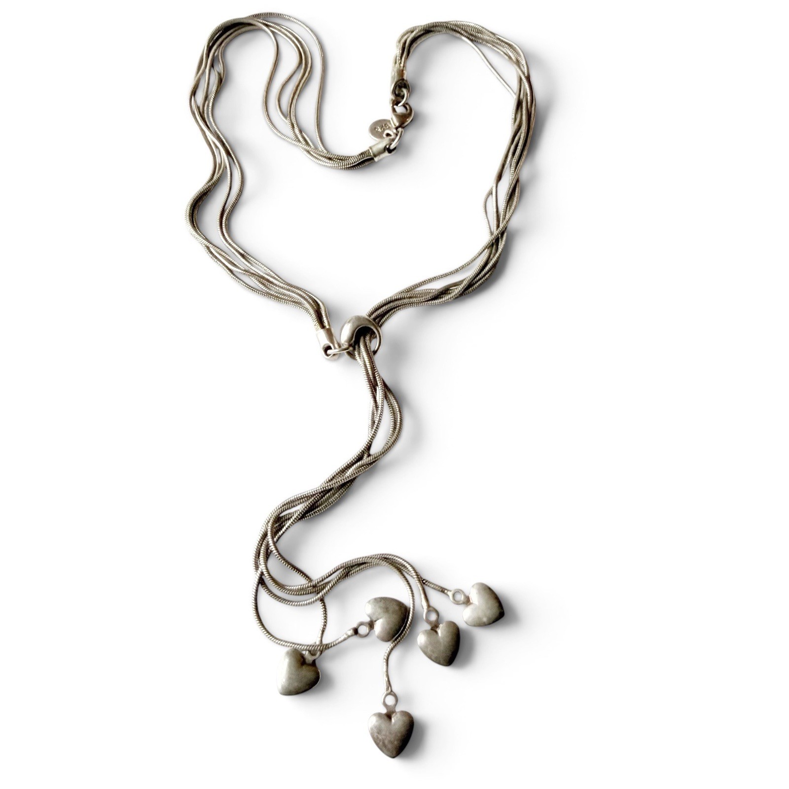 Dangling Hearts 5 Strand Lariat Snake Chain Sterling Silver 925 Necklace 18”