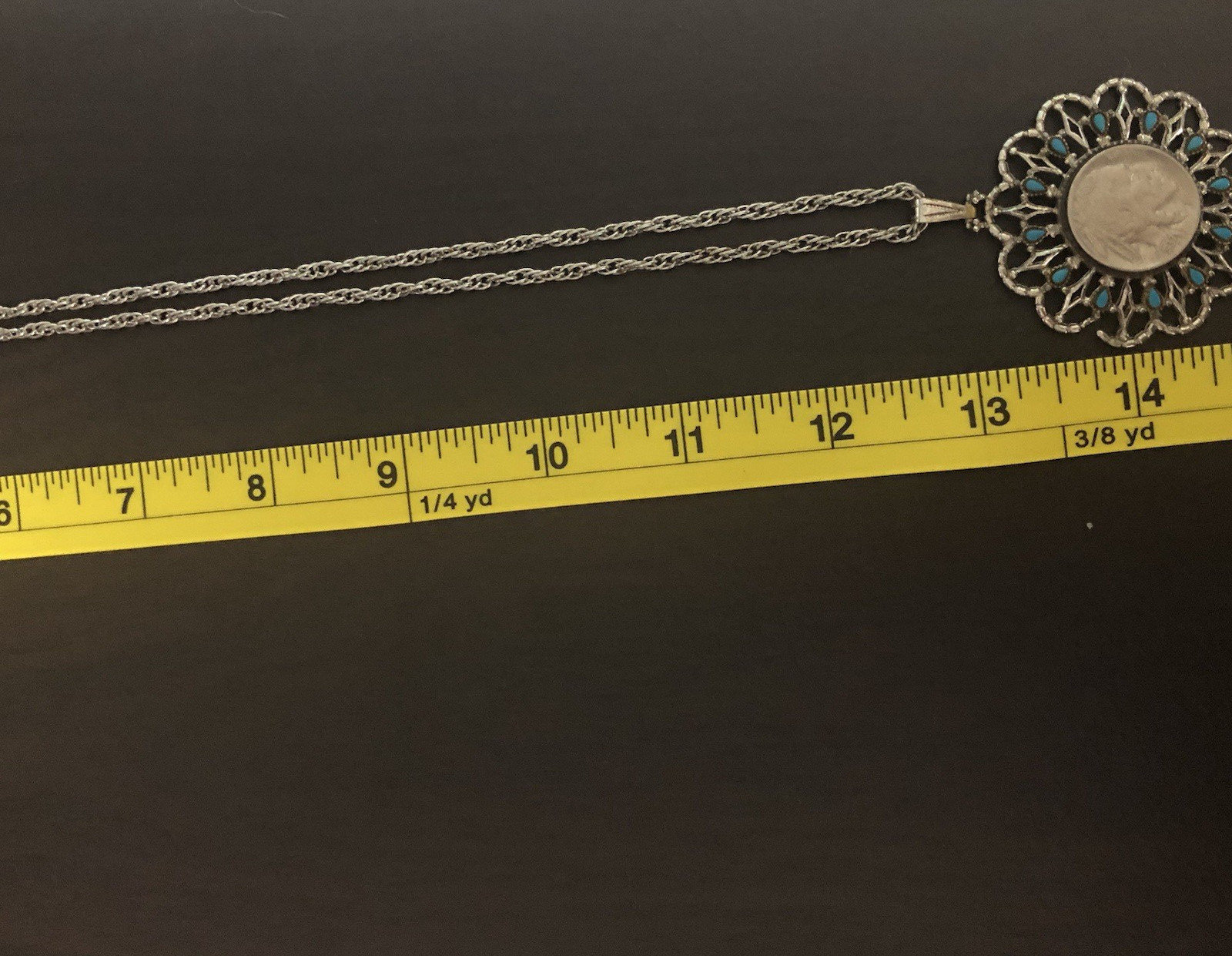 Vintage 1970s Buffalo Nickel Coin Pendent Faux Turquoise Silver Tone Necklace