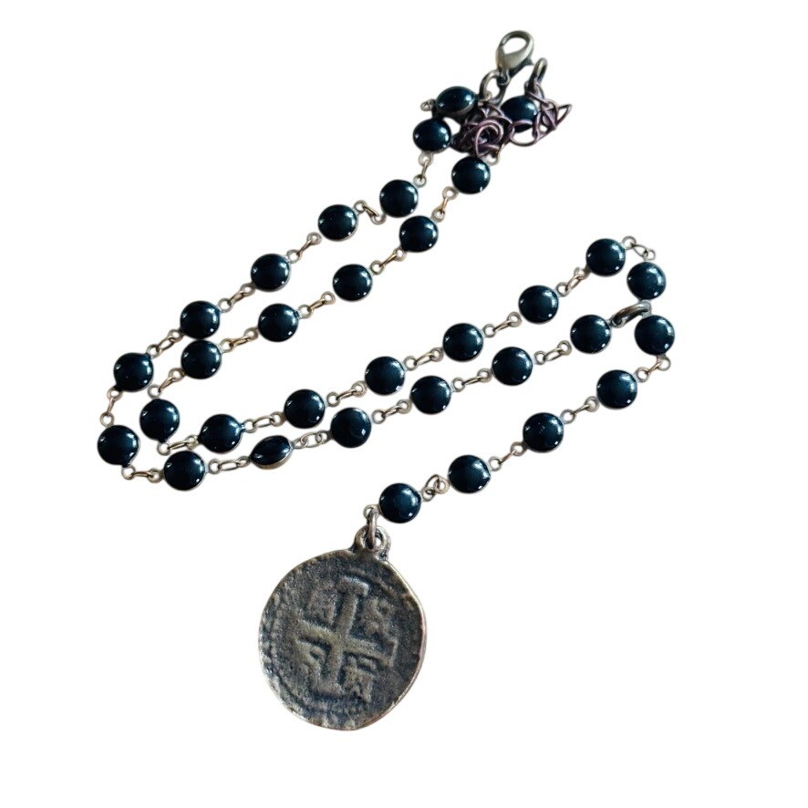 Gothic Style Rosary Cross Coin Necklace Devotional Rustic Chain black Jet Glass