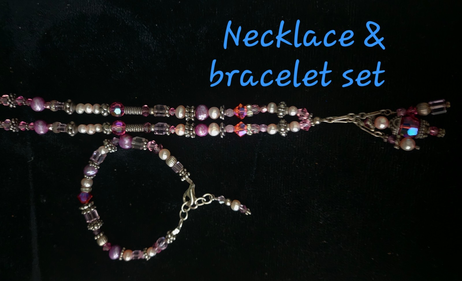 925 STERLING Necklace&Bracelet Multicolor PEARLS & Made With Swarovski CRYSTALS