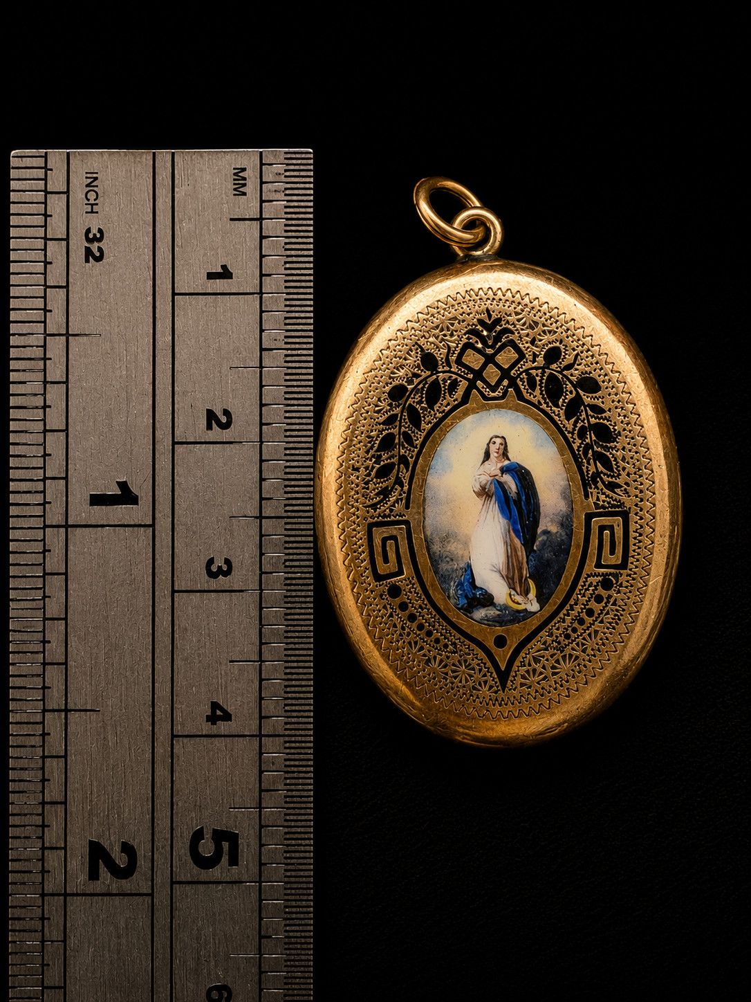 Antique Victorian 14K Gold Virgin Mary Enamel Locket Guilloche Religious Pendant