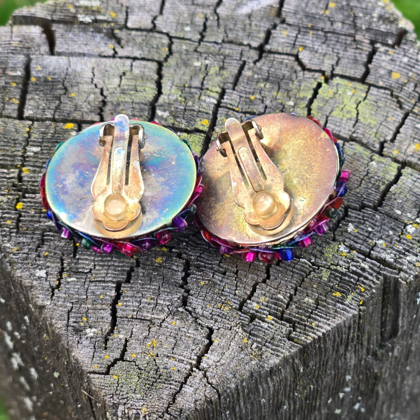 Vintage 1980s Sequin Clip On Earrings Multi Colored Large Bold Bright iridescent