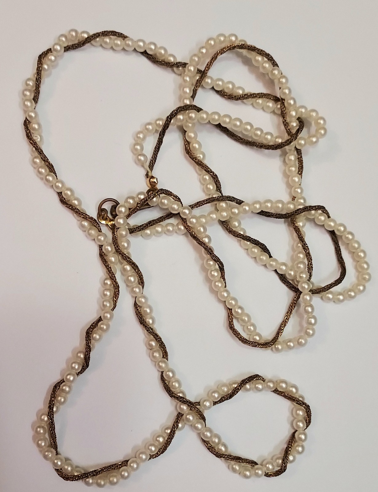 Miriam Haskell Vintage Necklace Faux Pearl Wheat Chain Bronze Tone Signed 34″