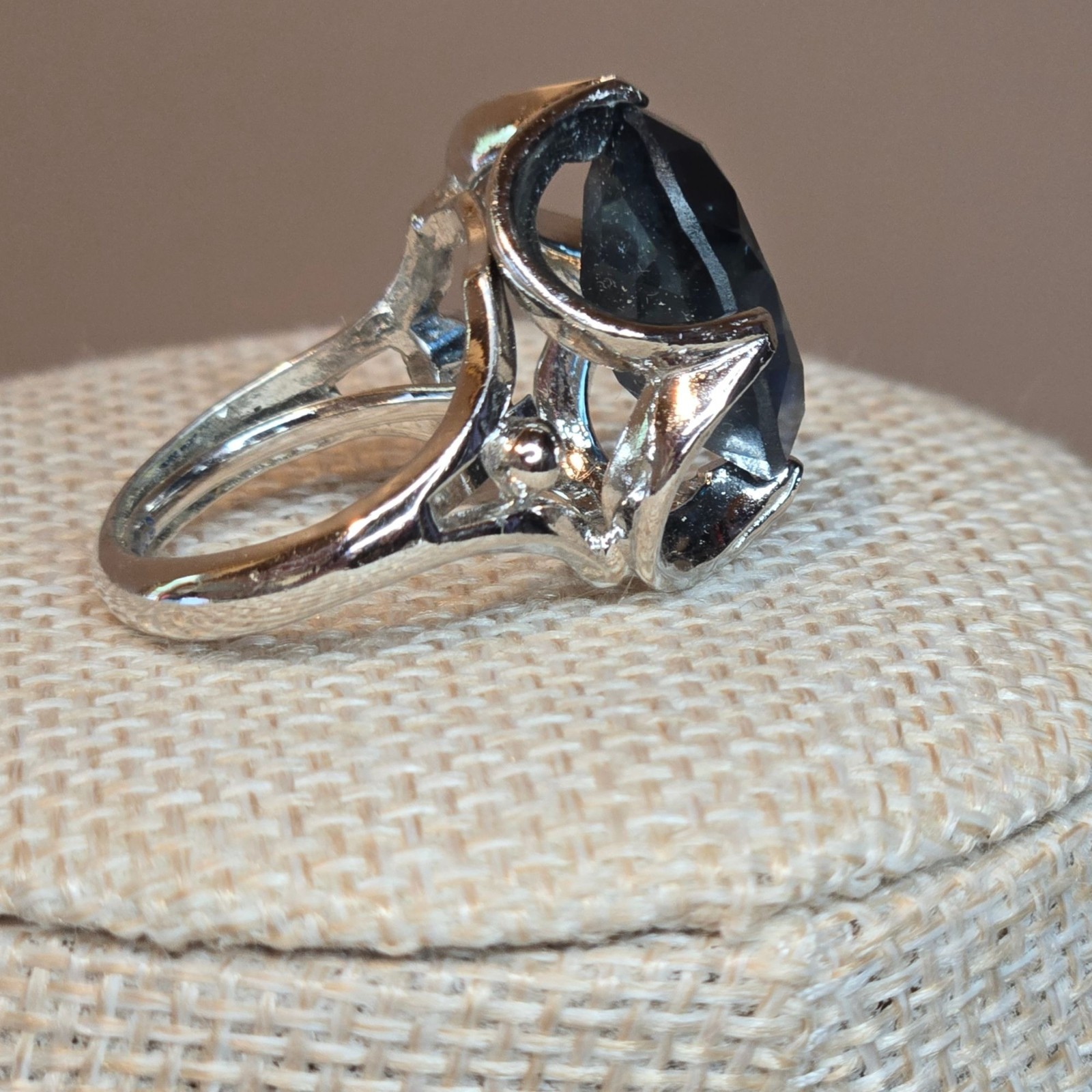 Cellini Sterling Silver Blue Crystal Cocktail Ring Vintage Statement Jewelry 7