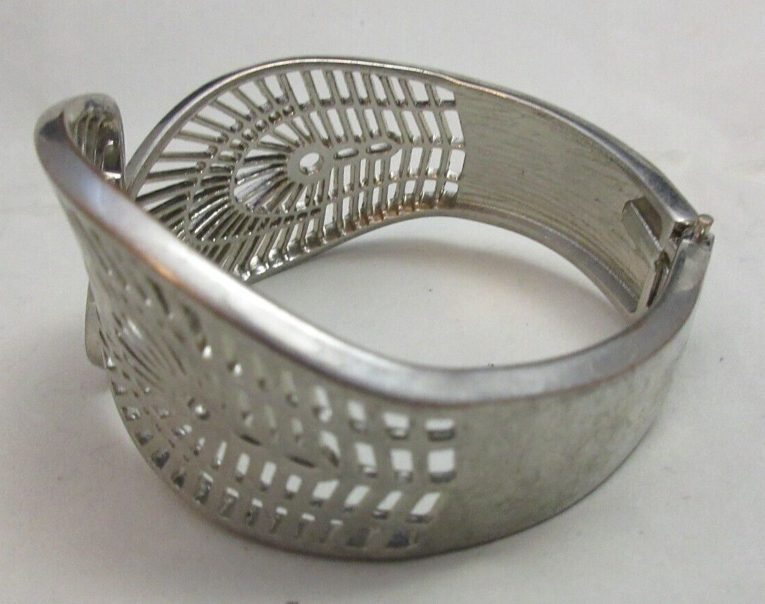 Wide Vintage Hinged Open Work Clamper Cuff Bracelet Silver Tone Wrap Around Look