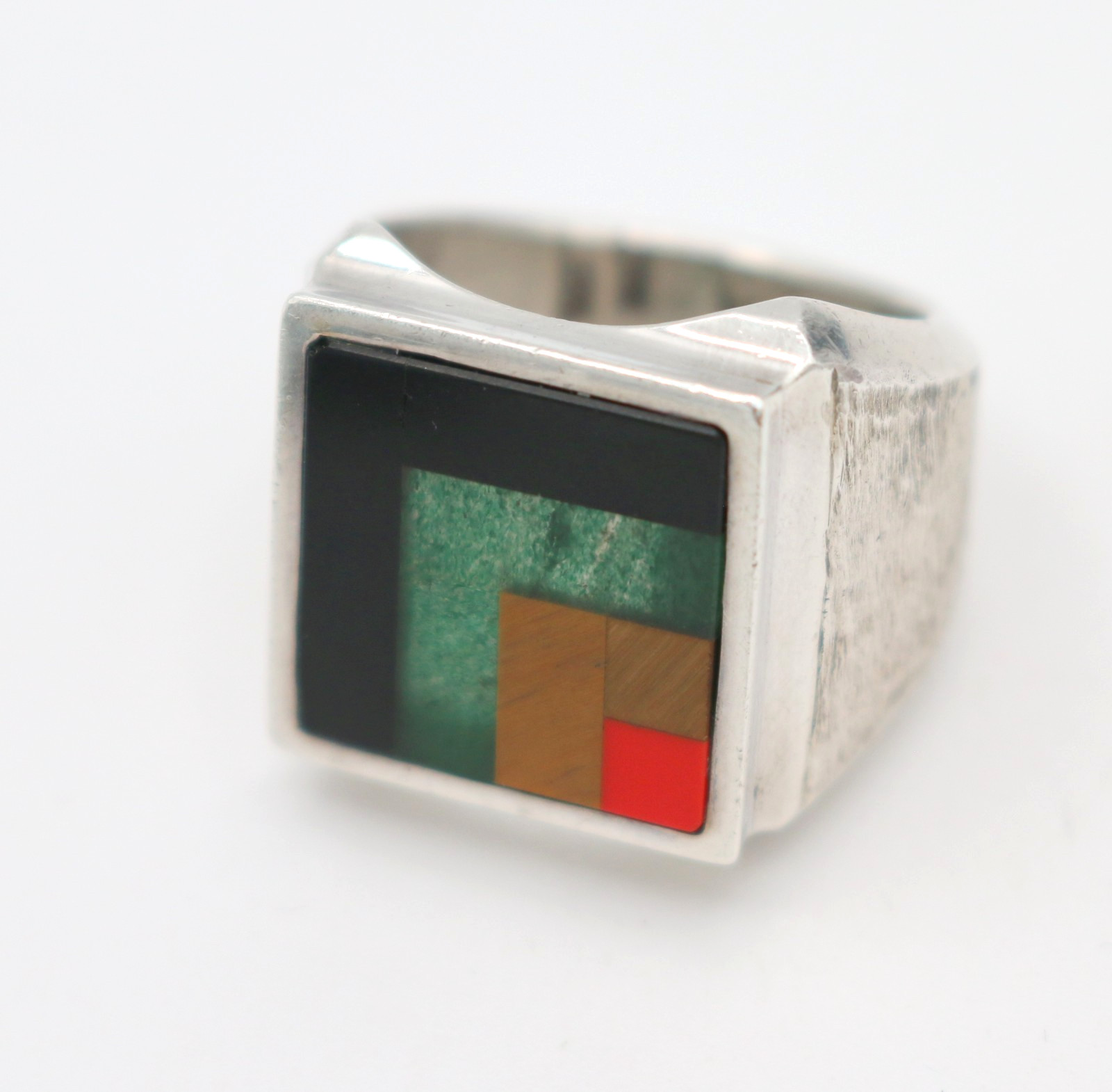 Vintage Taxco Mexico Sterling Silver & Gemstone Stone Inlay Ring 19.63g Sz10