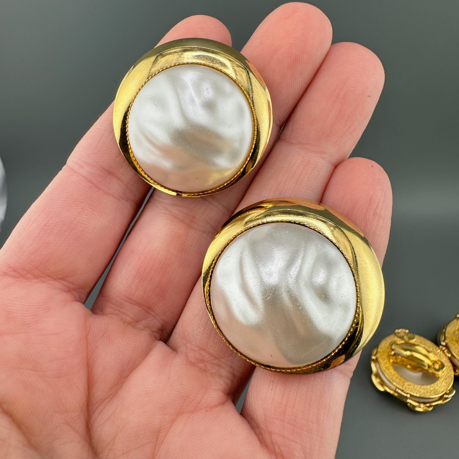 Vintage Faux Pearl Earrings Lot Round Chunky Statement Gold Tone Some Signed