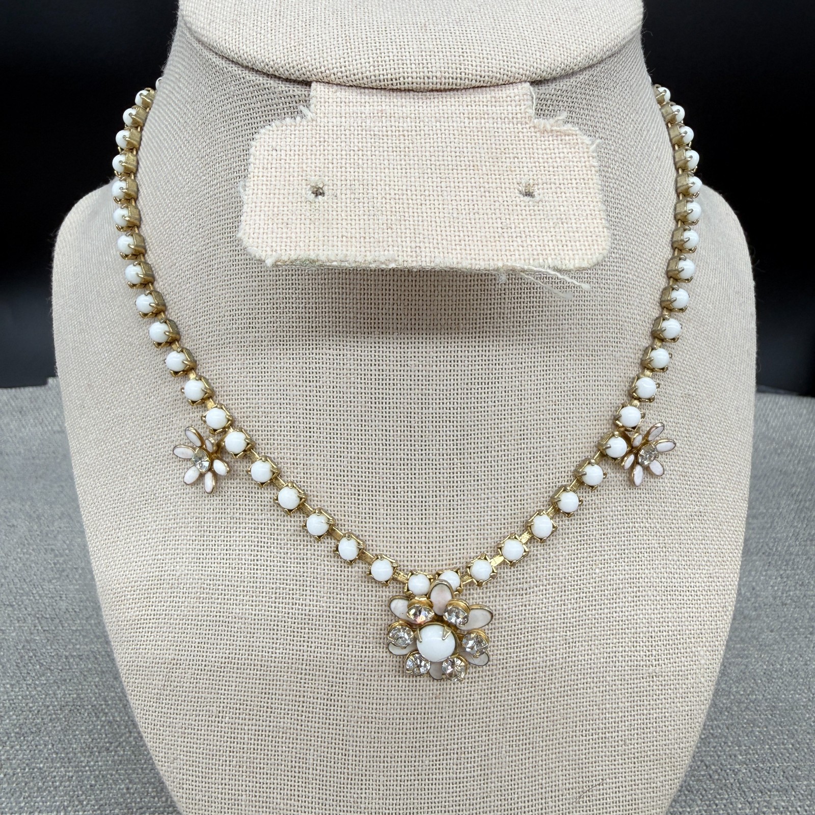 Vintage Collar Necklace Milk Glass Beaded Flower Pendants 16 Inches
