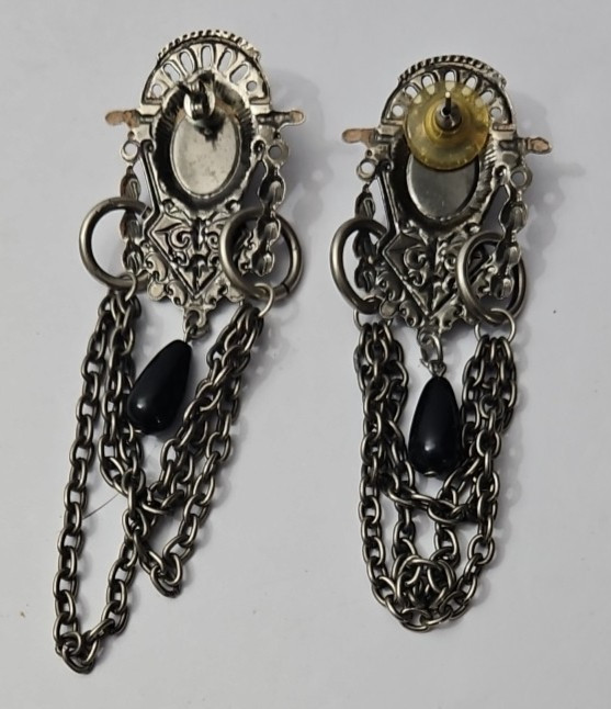 Vintage Victorian Retro Goth Silver Tone Black Chain Dangle Pierced Earrings