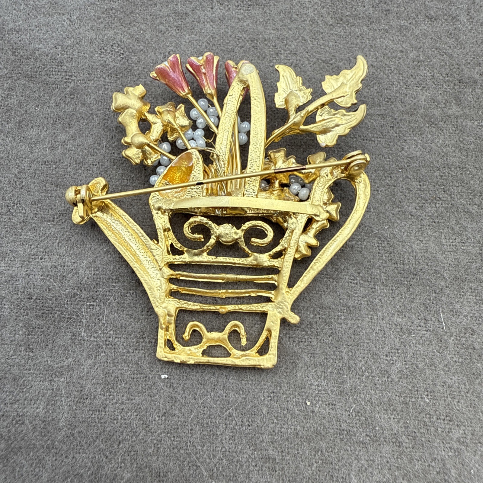 VTG Spring Watering Can Brooch Flowers Gardening Gardener Rhinestones & Enamel