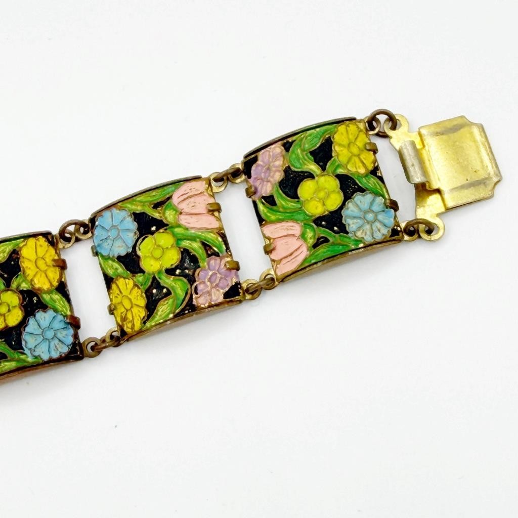 Vintage 1930s Floral Enamel & Brass Link Bracelet Made in England