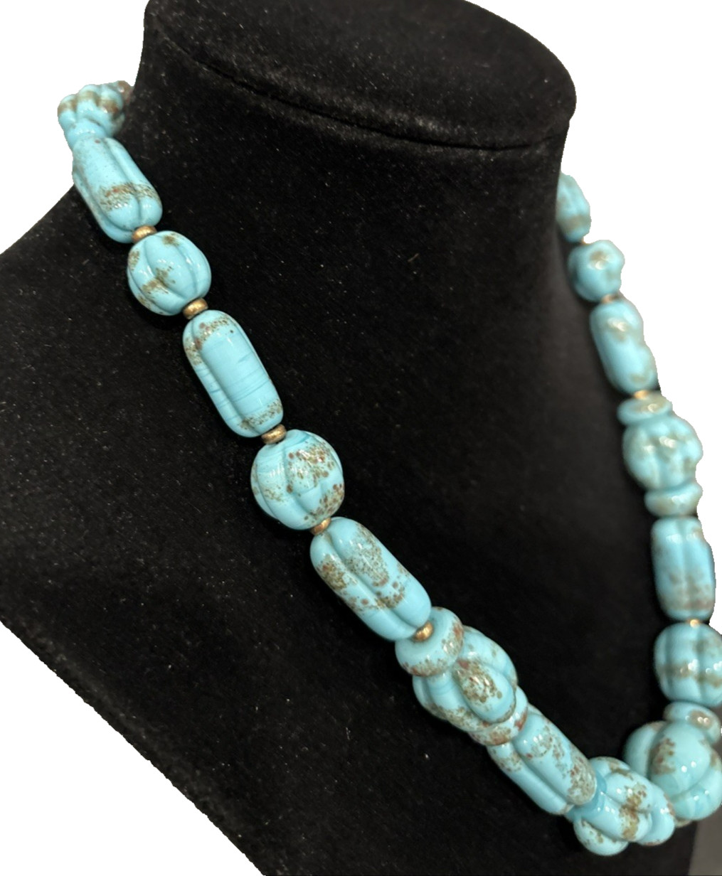 Antique Faux Turquoise Slag Glass Bead Beaded 16 1/2″ Necklace Textured Beads