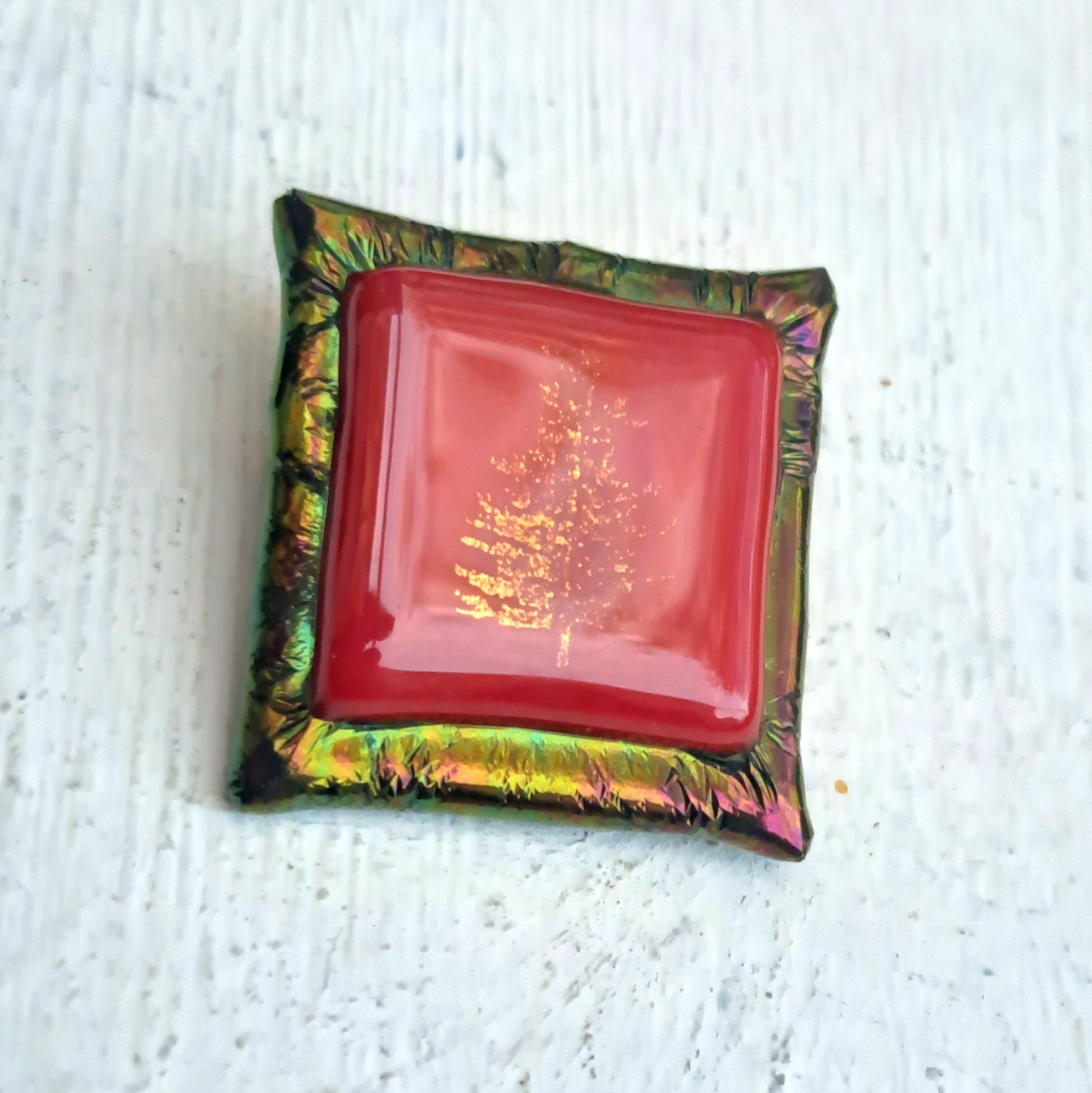 Vintage Handmade Dichroic Brooch—Nature Scene—Red Goldtone and Iridescent Green