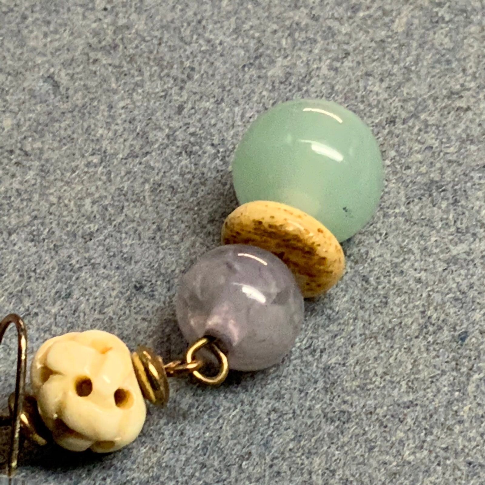 Cream Dangle Pierced Earrings As Is Green Purple Gold Glass Pierced Retro Boho