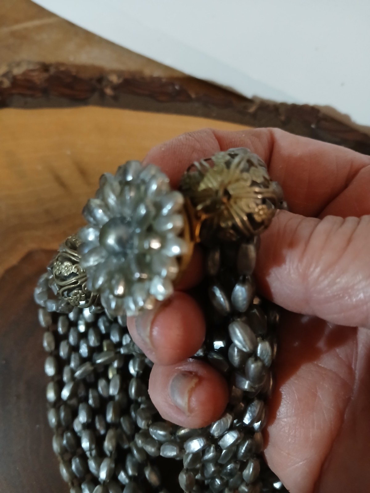 Vintage Gray Pearl Bead 12- Strand Necklace Beautiful Ends, Clasp 12″.