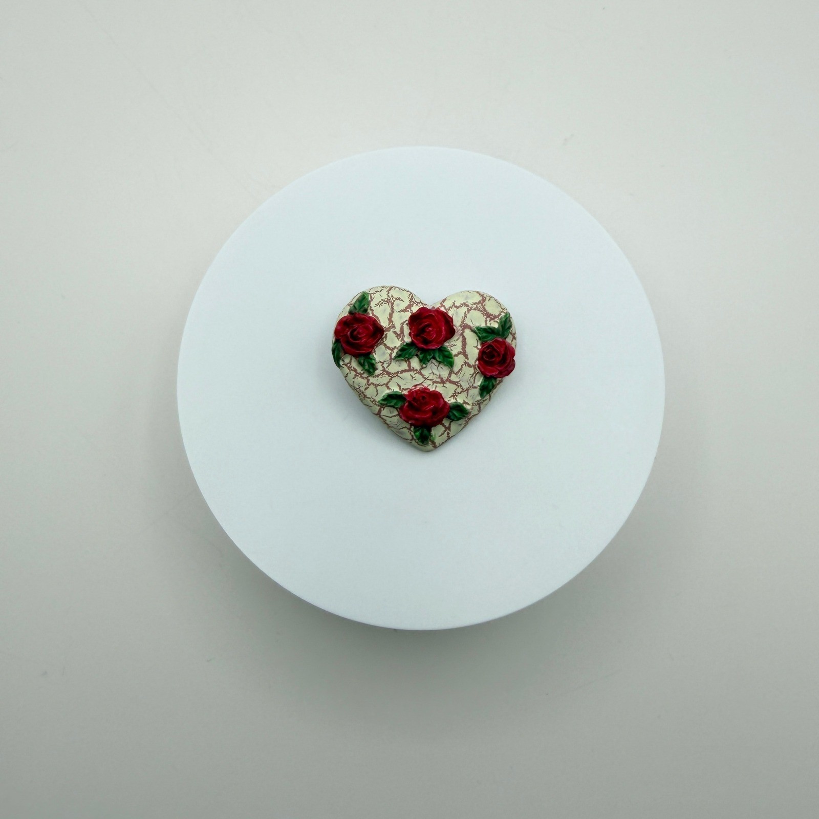 Vintage White Pink Painted Clay Heart Floral Love Beauty Lapel Pin Brooch