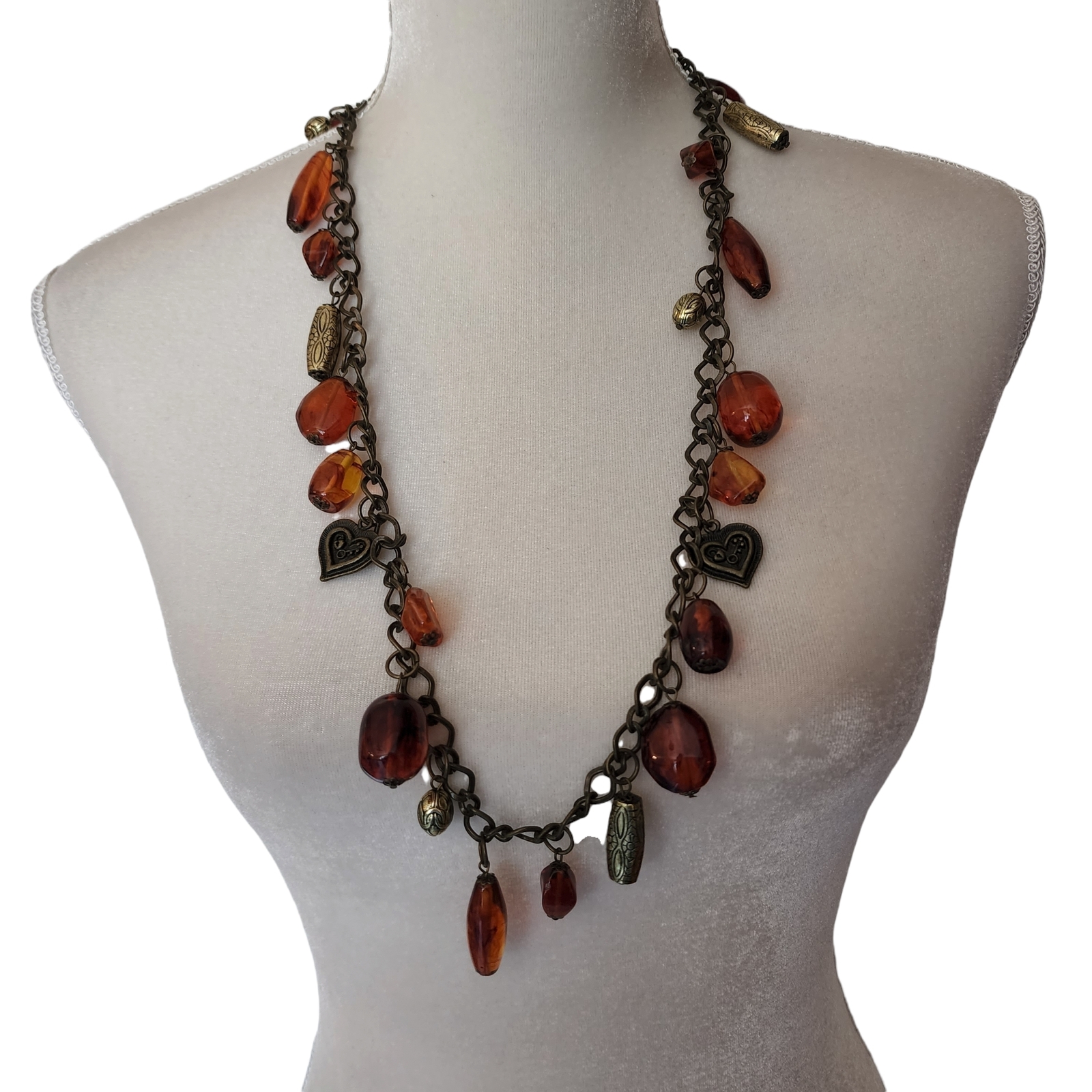 Vintage Necklace Amber Color Beaded Heart Drops Extra Long Different Shapes Vale
